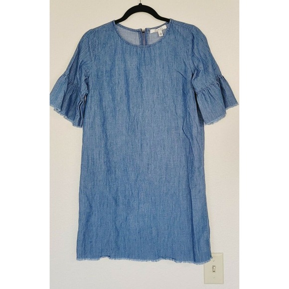 Krazy Kat Blue Chambray Flared Short Sleeve‎ Mini Dress With Frayed Hem. Size S - Picture 1 of 8